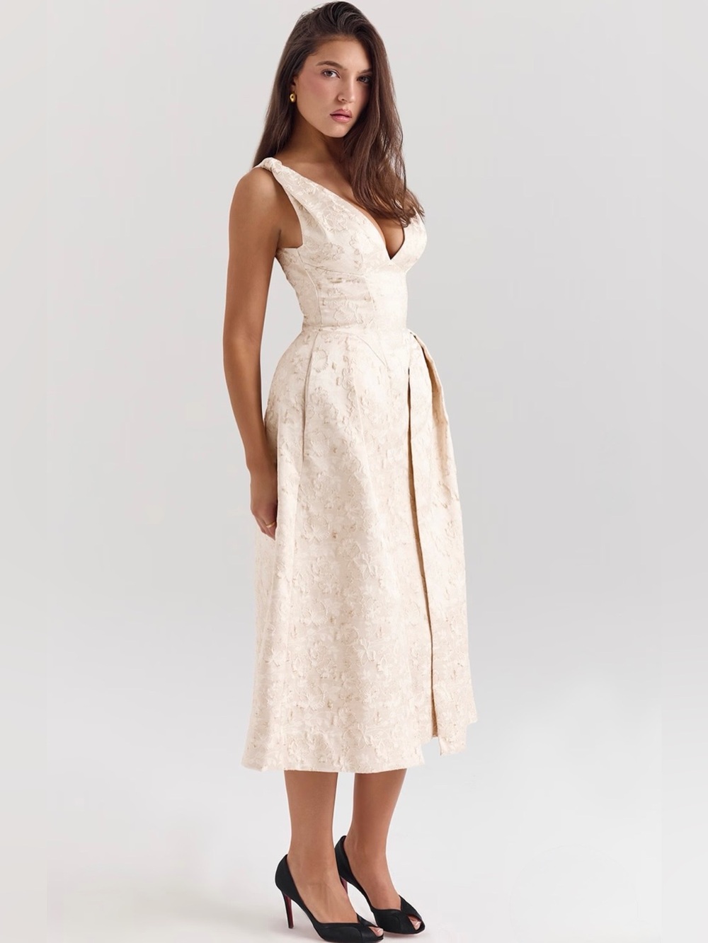 House of cb PALOMA Ivory Metallic Jacquard Midi dress - Picture 7 of 16
